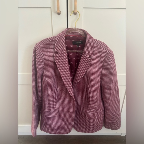 Talbots Pink Houndstooth Wool Laine Blend Blazer Size 14 - Picture 3 of 6